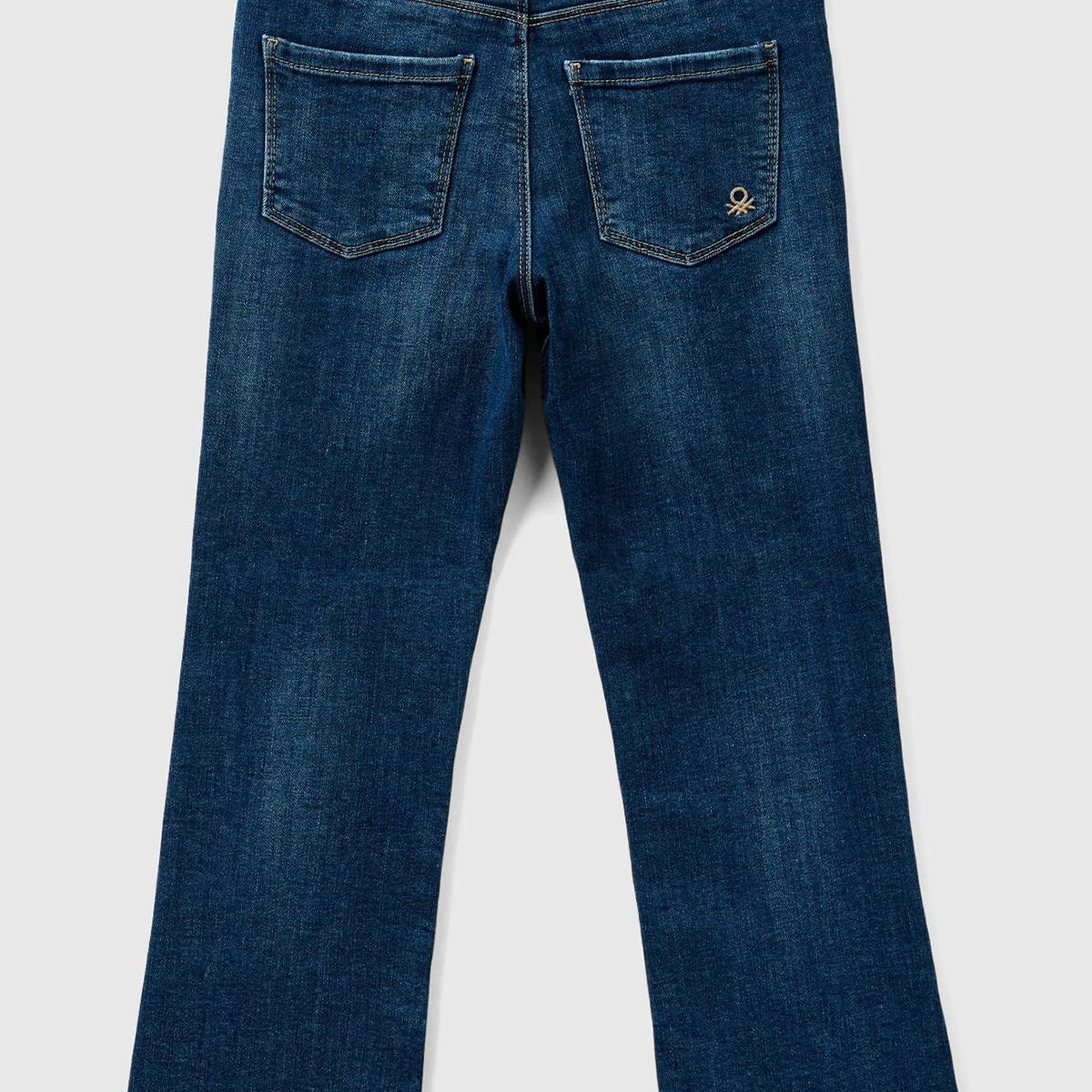 Kız Çocuk Koyu Denim Arka Cebi Logo İşlemeli 5 Cepli Eskitilmiş Efektli Pantolon