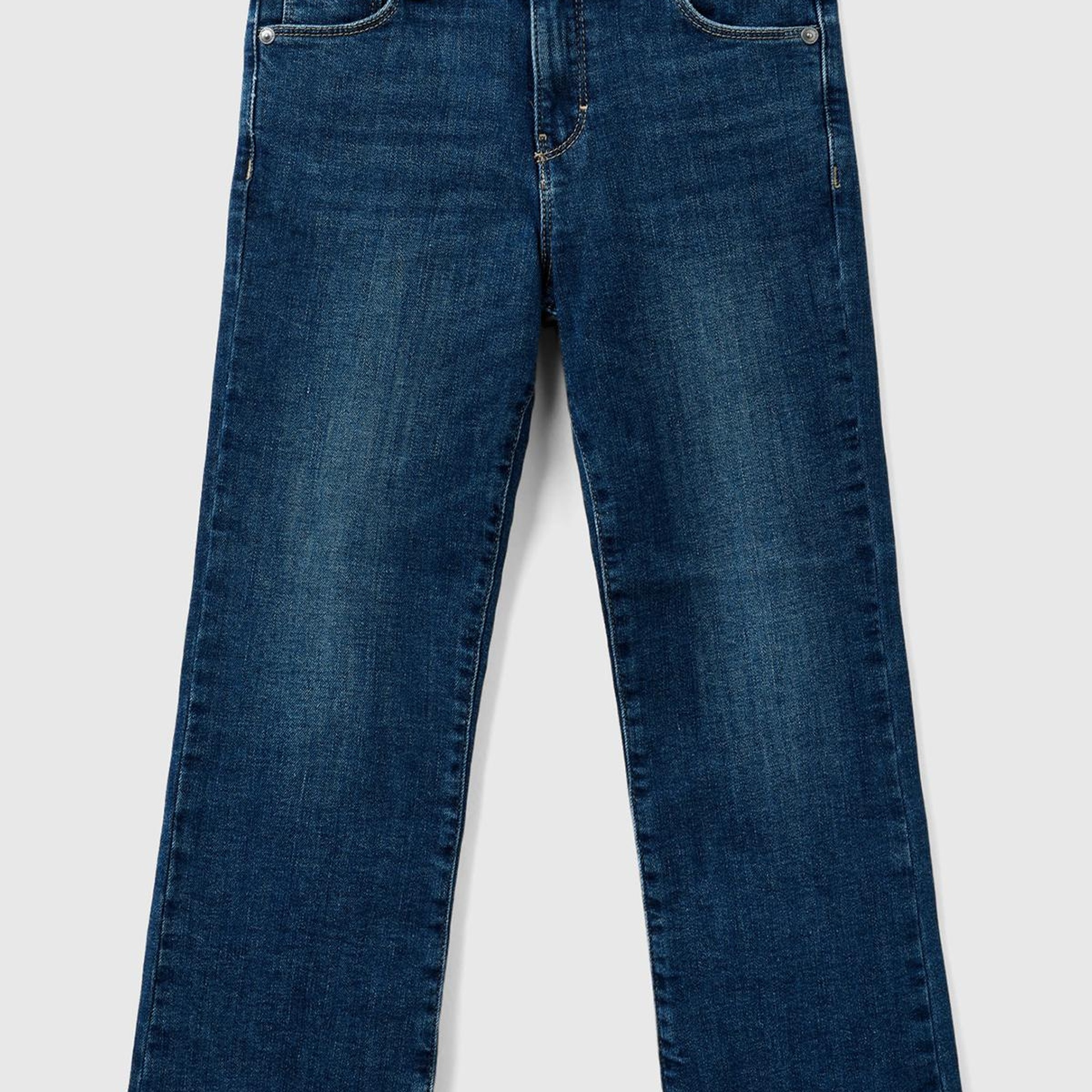 Kız Çocuk Koyu Denim Arka Cebi Logo İşlemeli 5 Cepli Eskitilmiş Efektli Pantolon