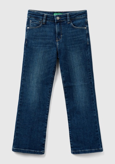  Kız Çocuk Koyu Denim Arka Cebi Logo İşlemeli 5 Cepli Eskitilmiş Efektli Pantolon