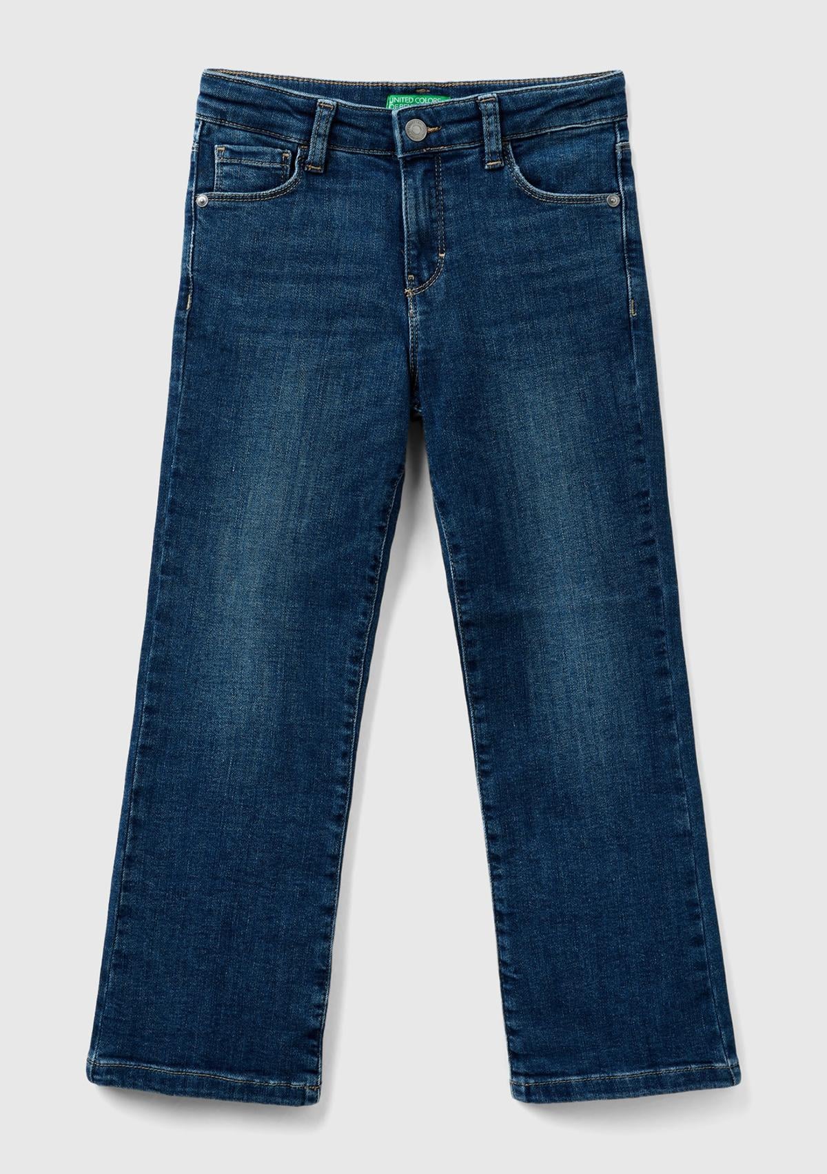  Kız Çocuk Koyu Denim Arka Cebi Logo İşlemeli 5 Cepli Eskitilmiş Efektli Pantolon