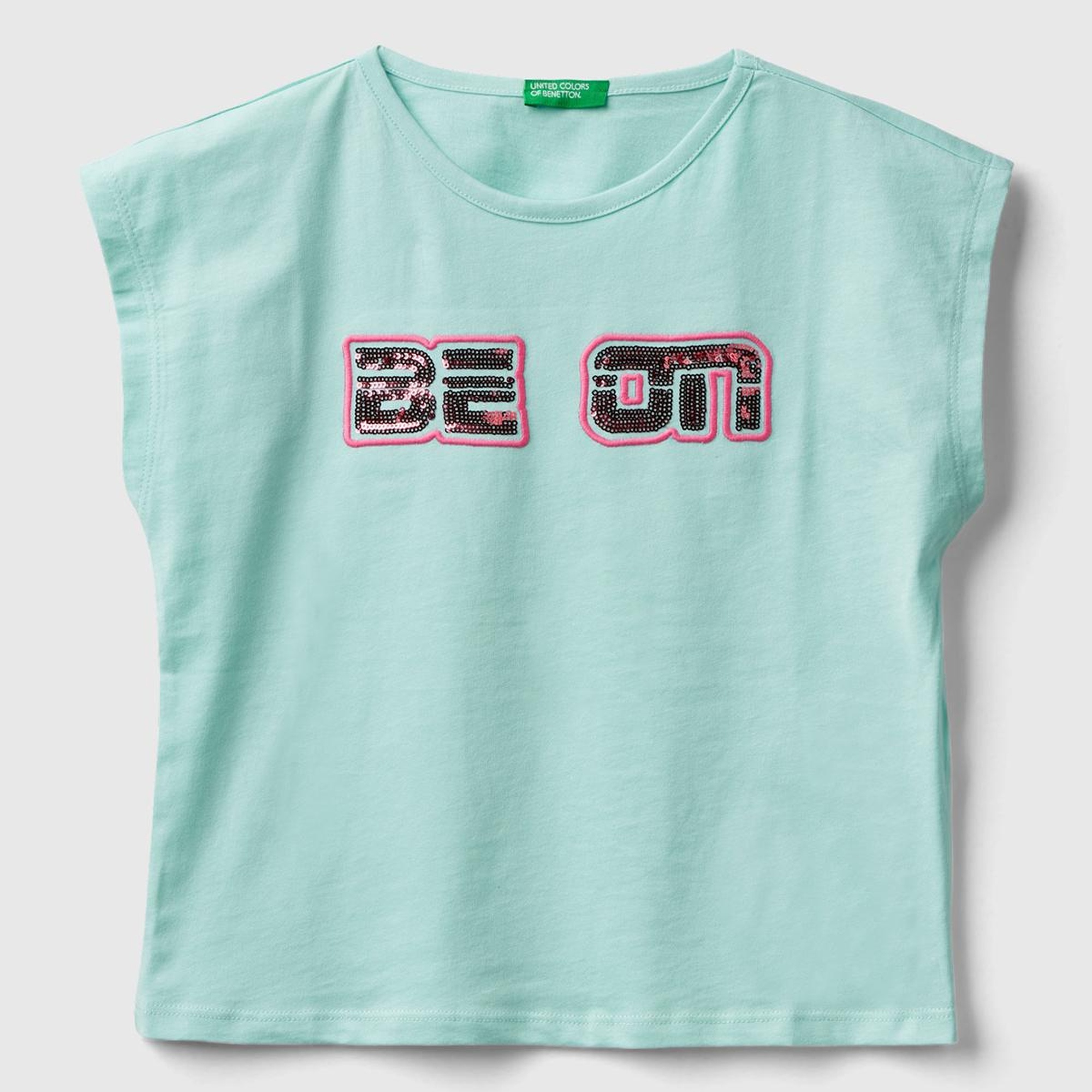 Kız Çocuk Su Yeşili Payetli Benetton Yazılı Yaz T-Shirt