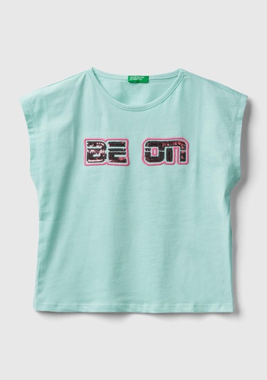  Kız Çocuk Su Yeşili Payetli Benetton Yazılı Yaz T-Shirt