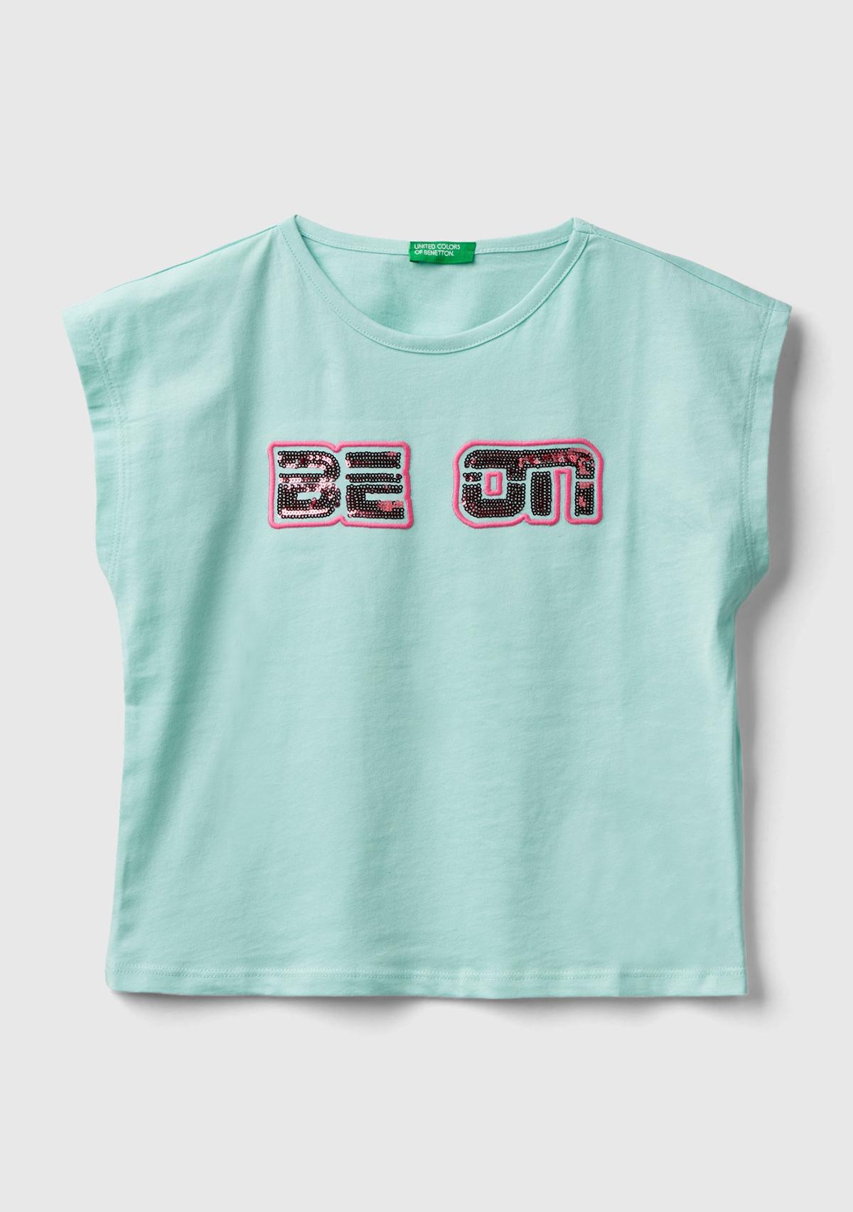  Kız Çocuk Su Yeşili Payetli Benetton Yazılı Yaz T-Shirt
