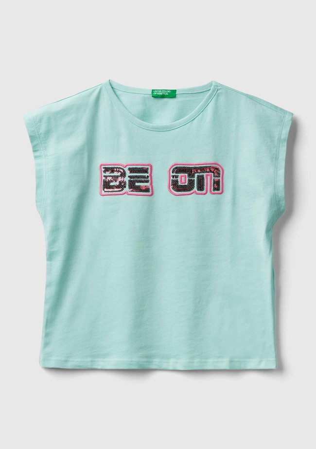  Kız Çocuk Su Yeşili Payetli Benetton Yazılı Yaz T-Shirt