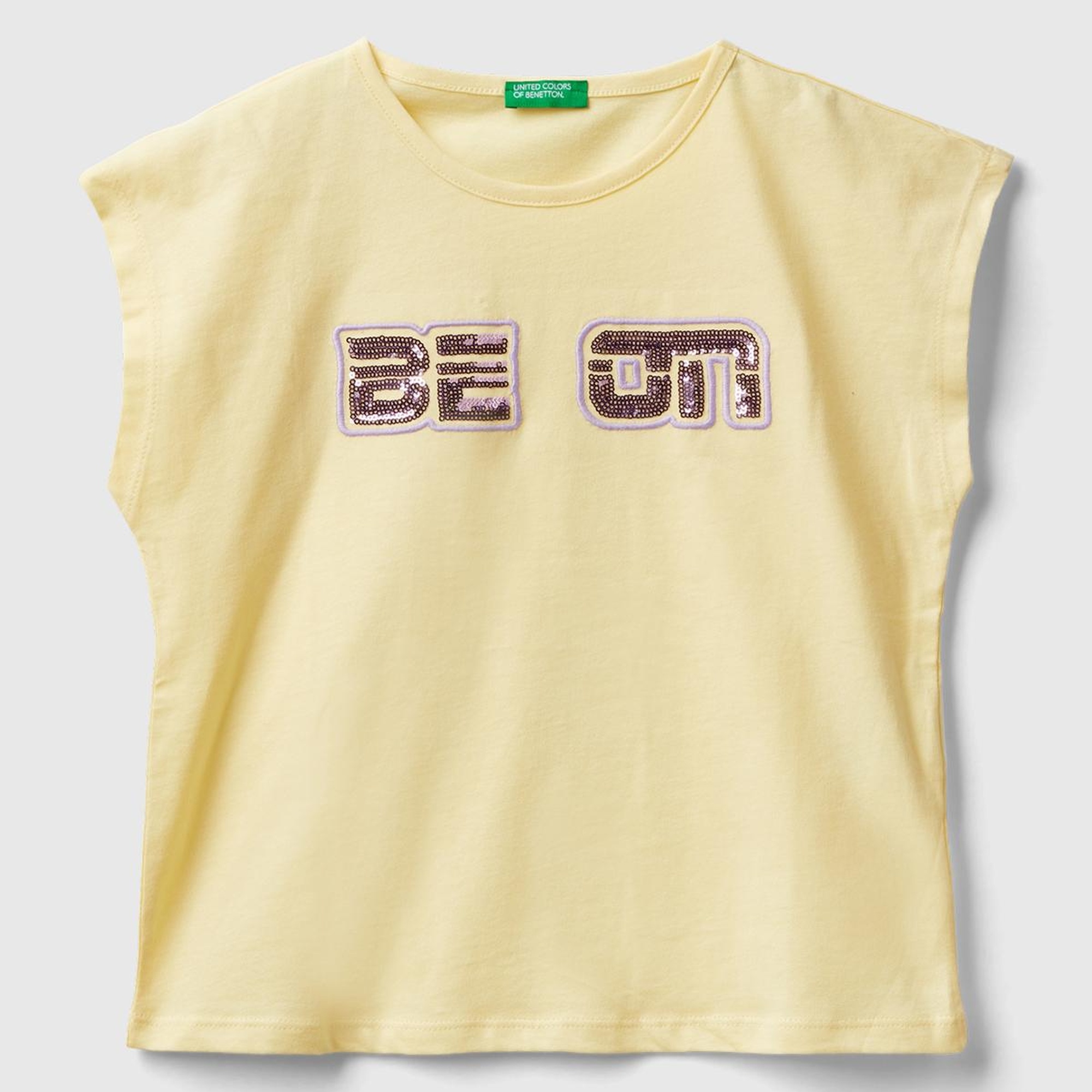 Kız Çocuk Sarı Payetli Benetton Yazılı Yaz T-Shirt