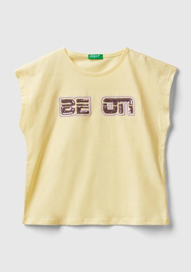  Kız Çocuk Sarı Payetli Benetton Yazılı Yaz T-Shirt