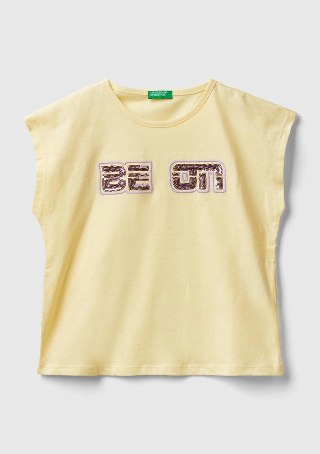  Kız Çocuk Sarı Payetli Benetton Yazılı Yaz T-Shirt