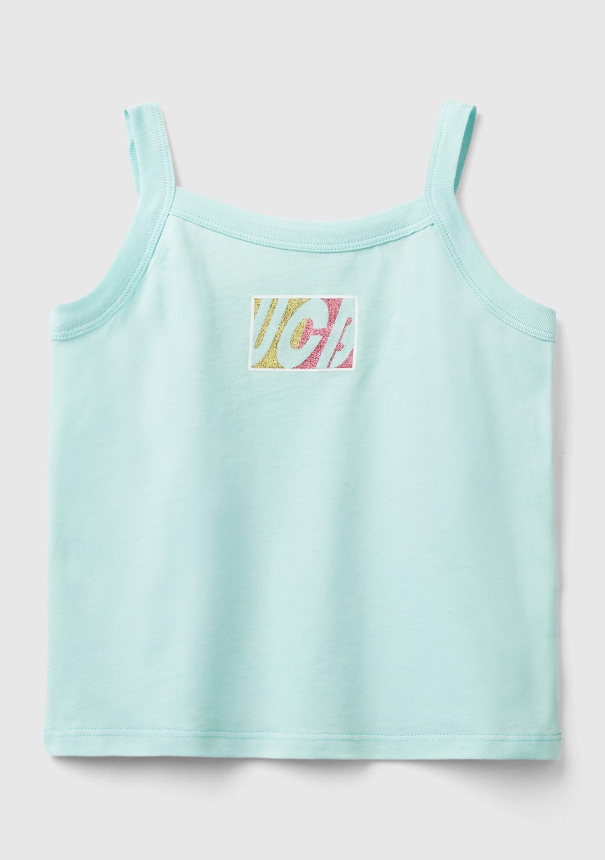  Kız Çocuk Su Yeşili Simli Logo Baskılı İnce Askılı Atlet