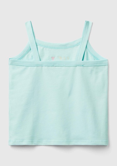  Kız Çocuk Su Yeşili Simli Logo Baskılı İnce Askılı Atlet