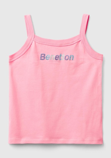  Kız Çocuk Pembe Simli Logo Baskılı İnce Askılı Atlet