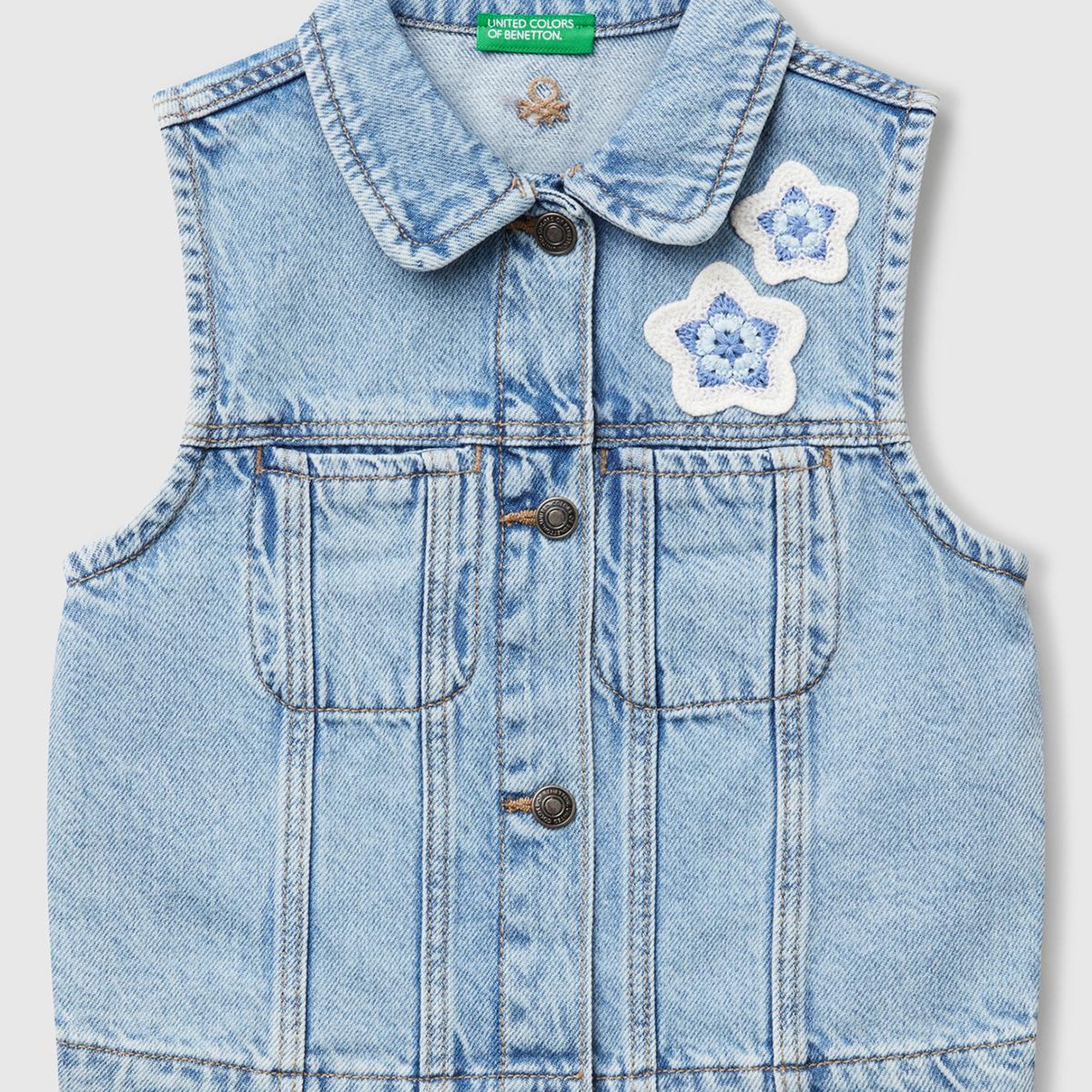 Kız Çocuk Denim Önü Makrome Detaylı Logo İşlemeli Regular Fit Denim Yelek