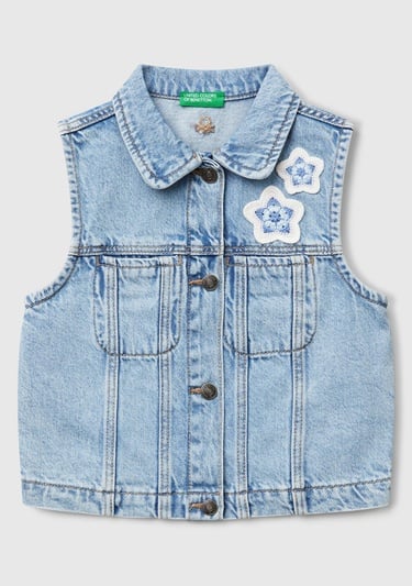  Kız Çocuk Denim Önü Makrome Detaylı Logo İşlemeli Regular Fit Denim Yelek