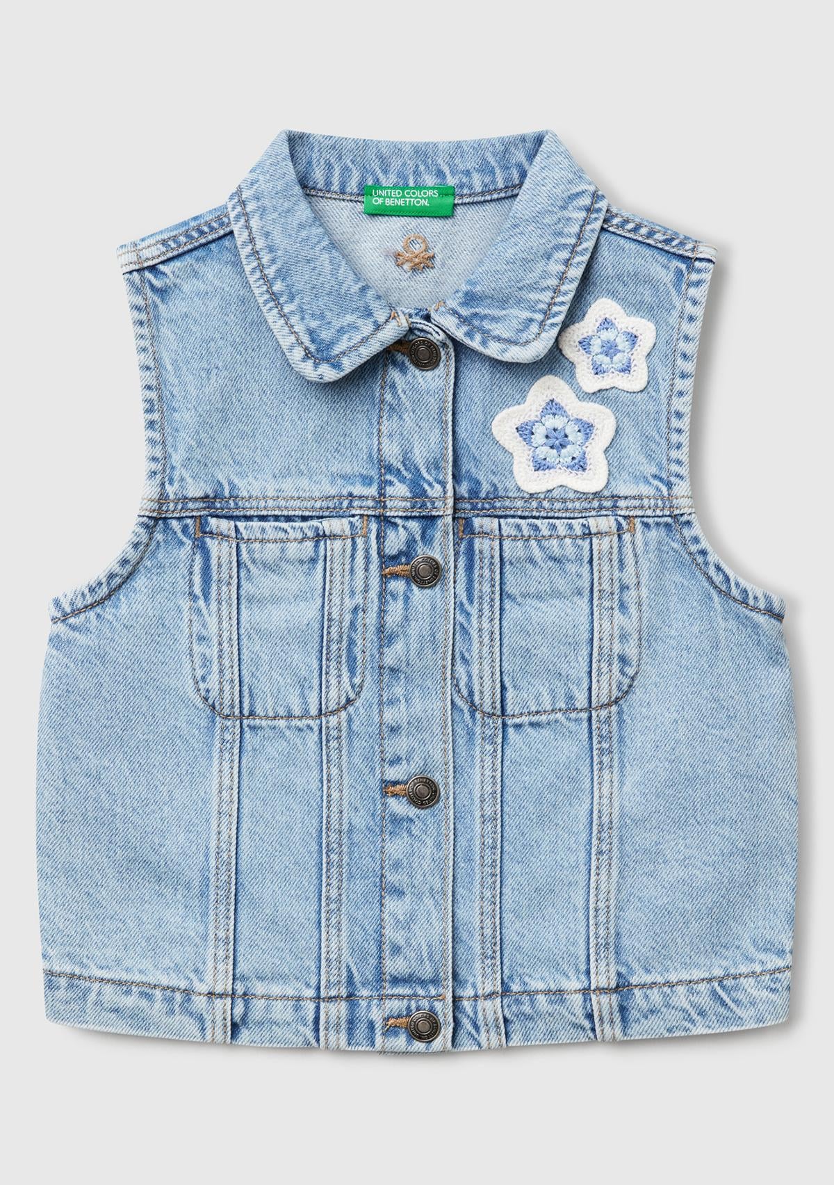  Kız Çocuk Denim Önü Makrome Detaylı Logo İşlemeli Regular Fit Denim Yelek