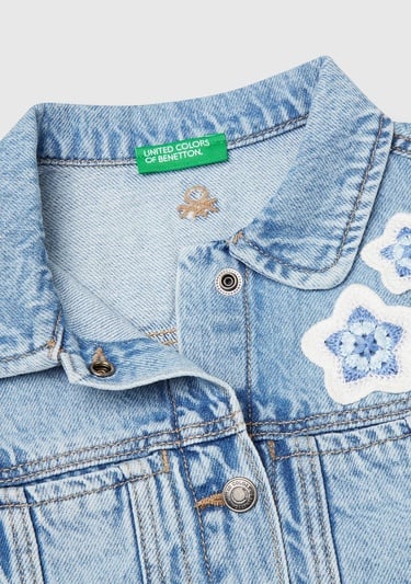  Kız Çocuk Denim Önü Makrome Detaylı Logo İşlemeli Regular Fit Denim Yelek