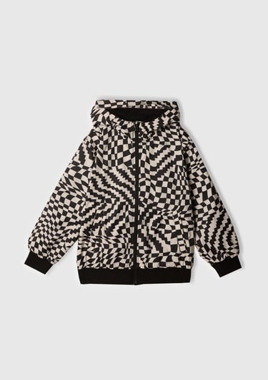  Erkek Çocuk Siyah Kolu Logo İşlemeli Fermuarlı Kapüşonlu Yağmurluk