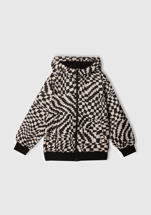  Erkek Çocuk Siyah Kolu Logo İşlemeli Fermuarlı Kapüşonlu Yağmurluk