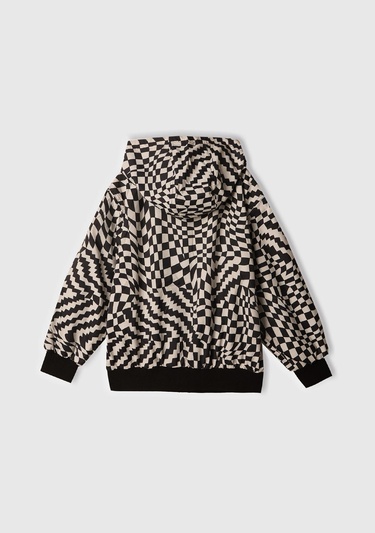  Erkek Çocuk Siyah Kolu Logo İşlemeli Fermuarlı Kapüşonlu Yağmurluk