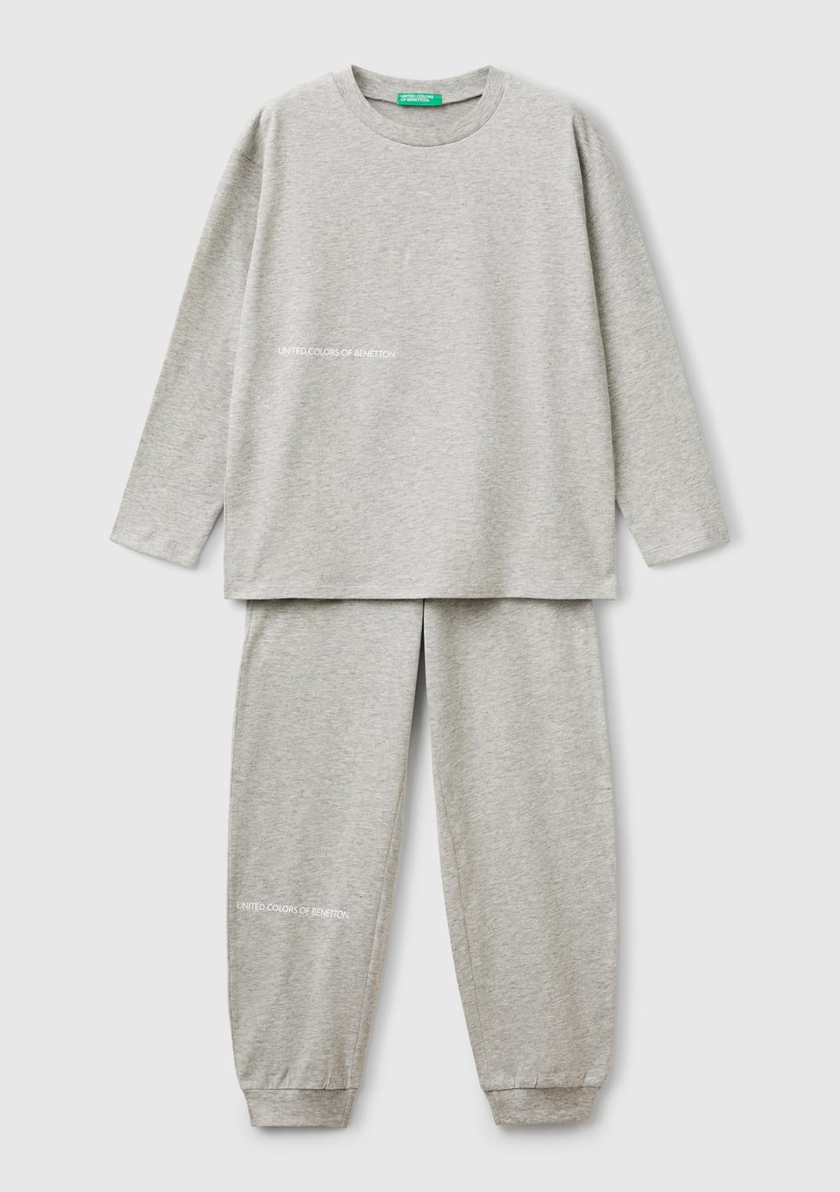  Erkek Çocuk Gri Melanj Logo Şeritli T-Shirt - Jogger Takım