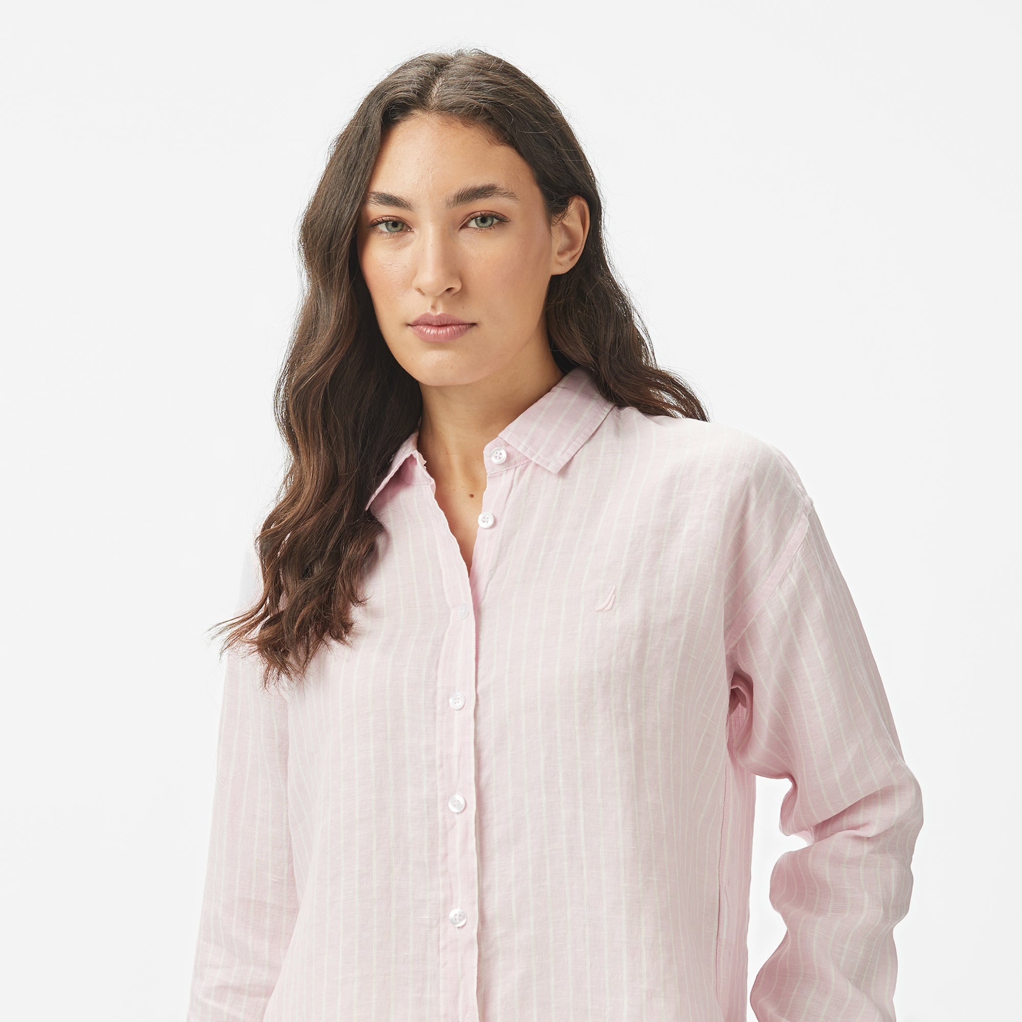 Nautica Kadın Pembe Regular Fit Keten Çizgili Gömlek