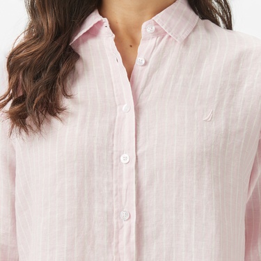  Nautica Kadın Pembe Regular Fit Keten Çizgili Gömlek