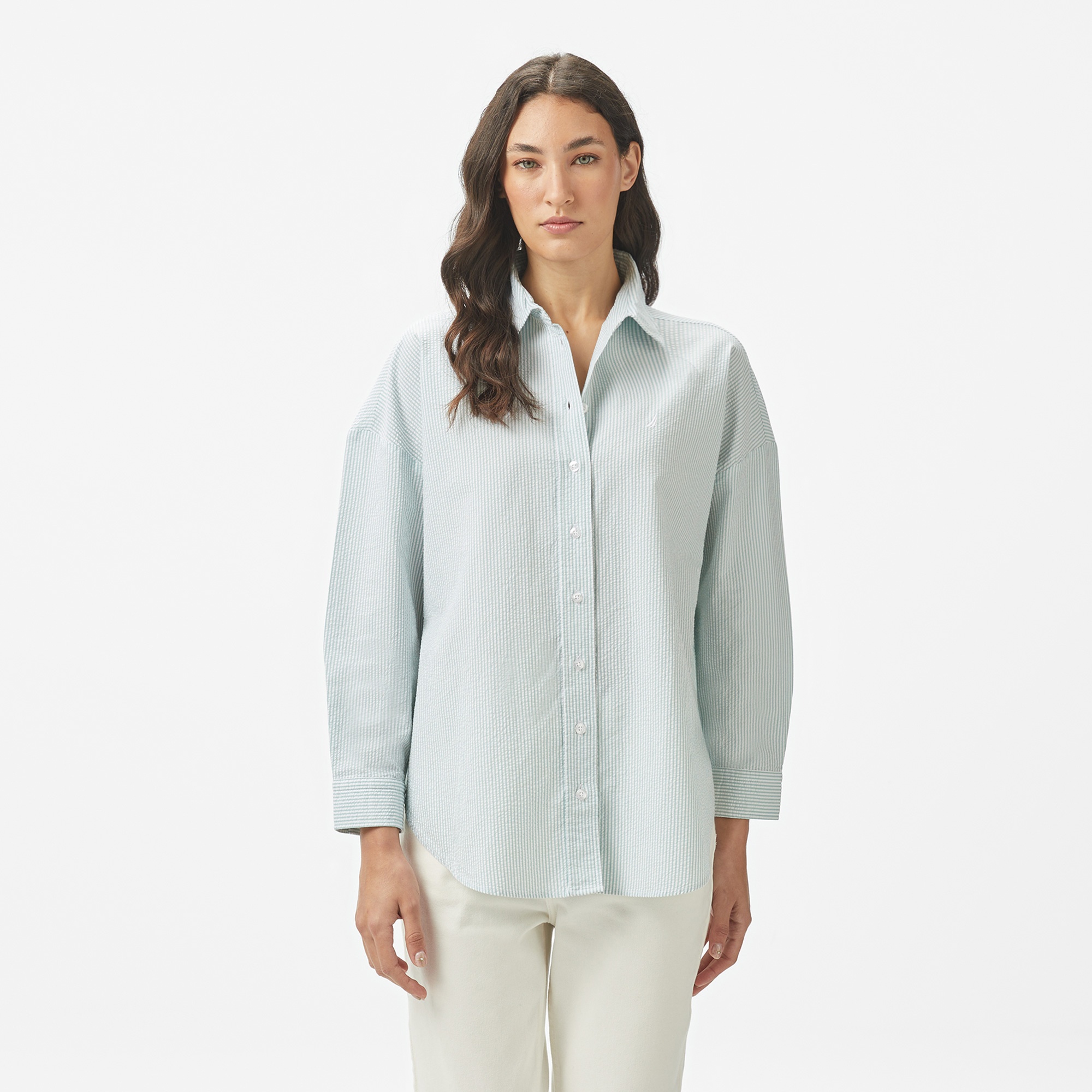 Nautica Kadın Yeşil Regular Fit Çizgili Gömlek