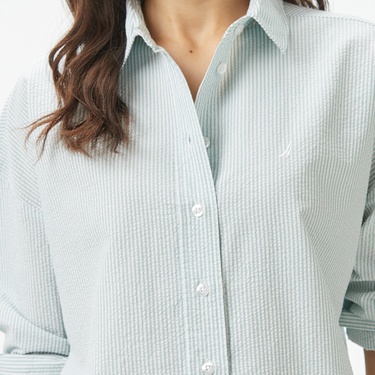  Nautica Kadın Yeşil Regular Fit Çizgili Gömlek