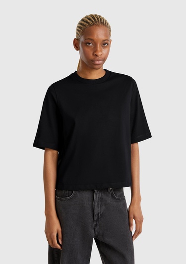  Kadın Siyah %100 Koton Boxy Fit T-Shirt