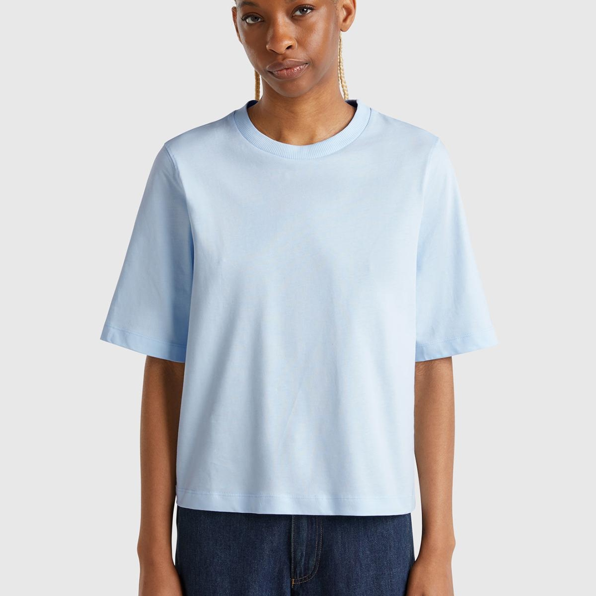 Kadın Açık Mavi %100 Koton Boxy Fit T-Shirt