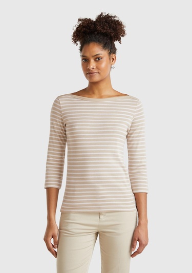  Kadın Bej %100 Pamuk Çizgili Logolu Kayık Yaka Truvakar Kol T-Shirt