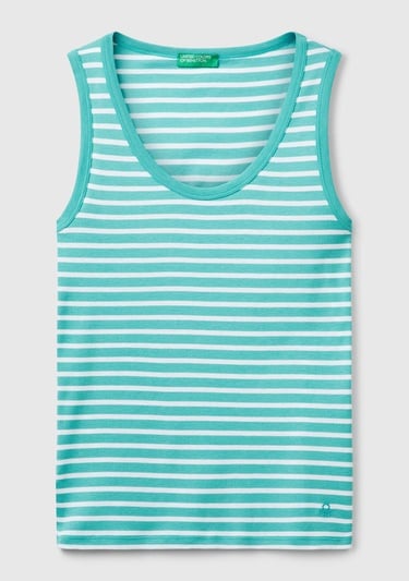  Kadın Mavi %100 Pamuk Çizgili Logo İşleme Detaylı Regular Fit Atlet