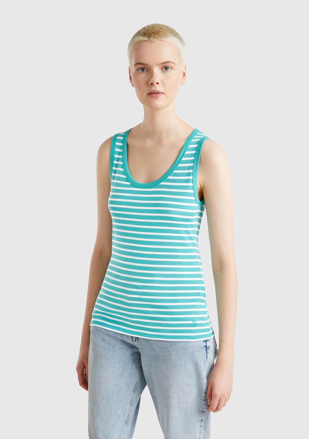  Kadın Mavi %100 Pamuk Çizgili Logo İşleme Detaylı Regular Fit Atlet