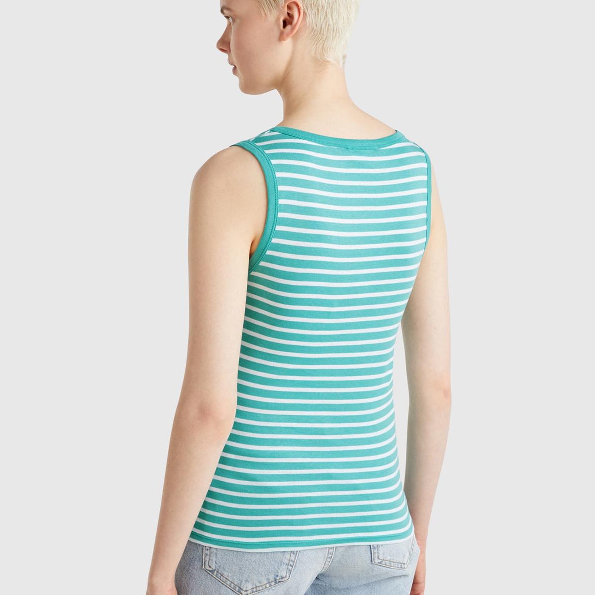 Kadın Mavi %100 Pamuk Çizgili Logo İşleme Detaylı Regular Fit Atlet