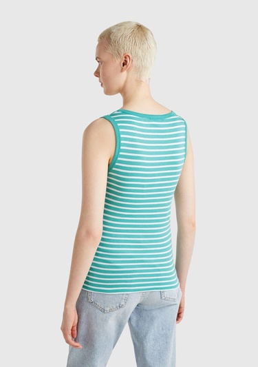  Kadın Mavi %100 Pamuk Çizgili Logo İşleme Detaylı Regular Fit Atlet