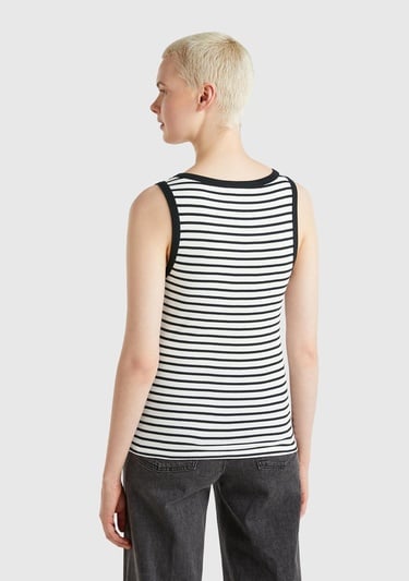  Kadın Beyaz %100 Pamuk Çizgili Logo İşleme Detaylı Regular Fit Atlet