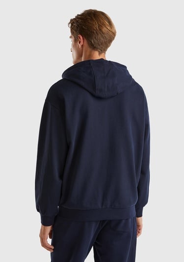  Erkek Lacivert %100 Pamuk Dar Kesim Fermuarlı Kapüşonlu Sweatshirt