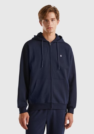  Erkek Lacivert %100 Pamuk Dar Kesim Fermuarlı Kapüşonlu Sweatshirt