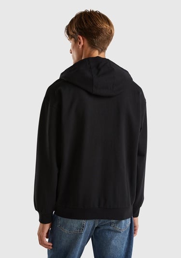  Erkek Siyah %100 Pamuk Dar Kesim Fermuarlı Kapüşonlu Sweatshirt