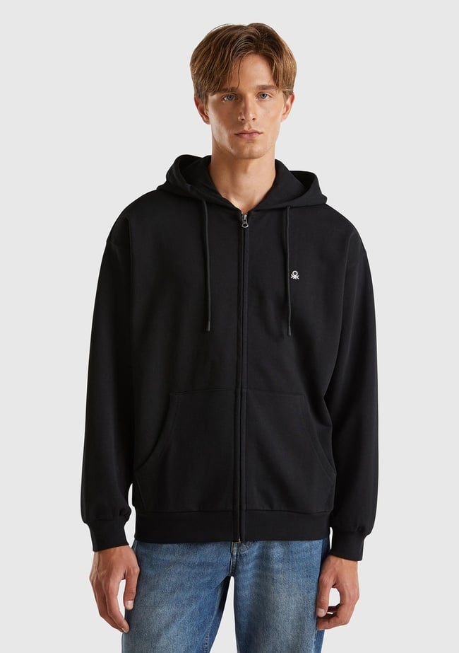  Erkek Siyah %100 Pamuk Dar Kesim Fermuarlı Kapüşonlu Sweatshirt