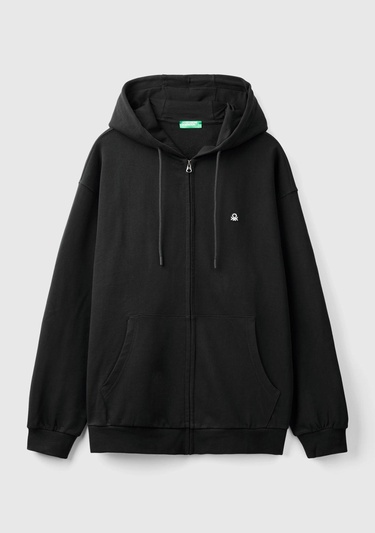 Erkek Siyah %100 Pamuk Dar Kesim Fermuarlı Kapüşonlu Sweatshirt
