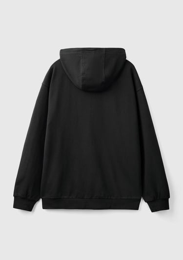  Erkek Siyah %100 Pamuk Dar Kesim Fermuarlı Kapüşonlu Sweatshirt