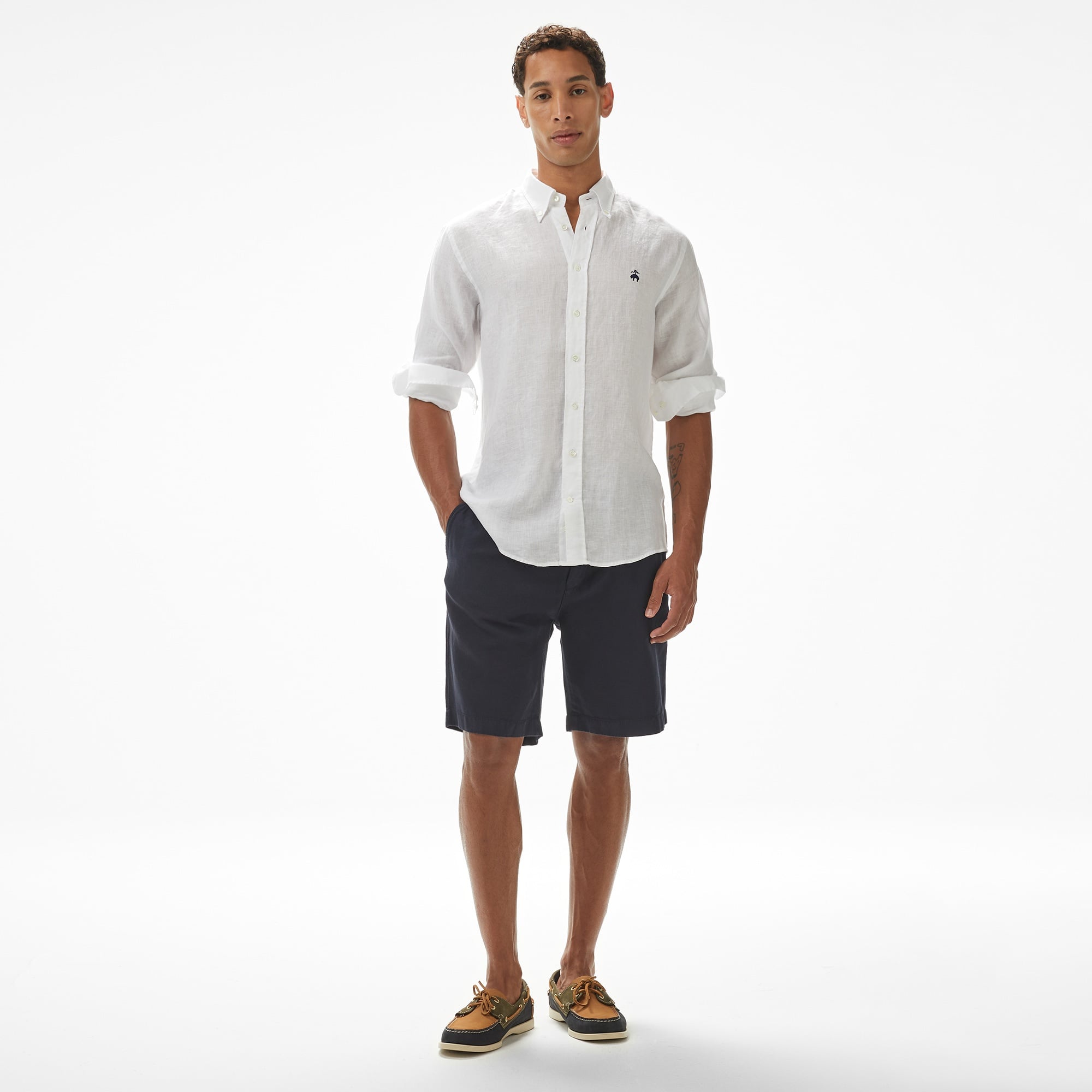 Brooks Brothers Düğmeli Yaka Regular Fit %100 Keten Erkek Beyaz Gömlek