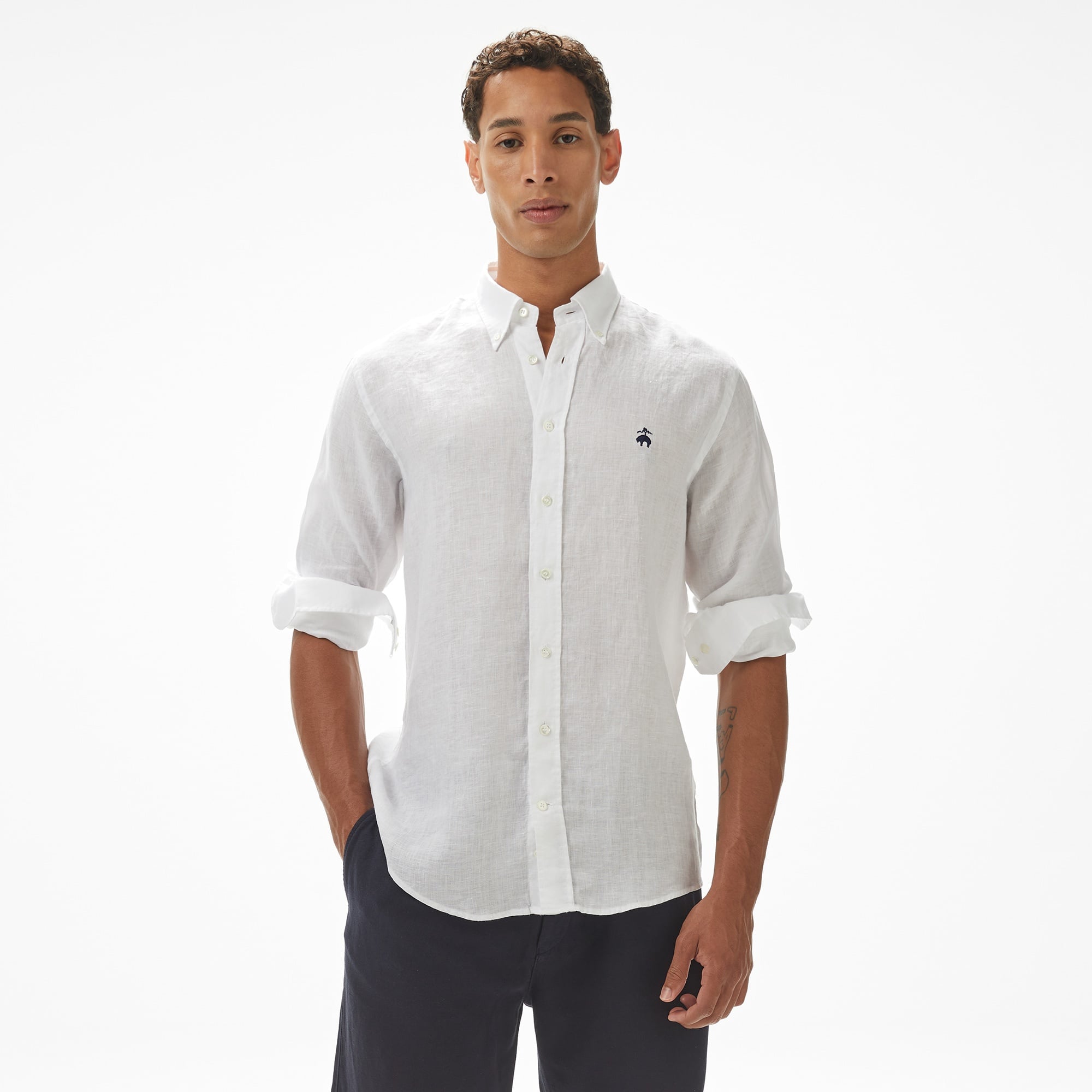 Brooks Brothers Düğmeli Yaka Regular Fit %100 Keten Erkek Beyaz Gömlek