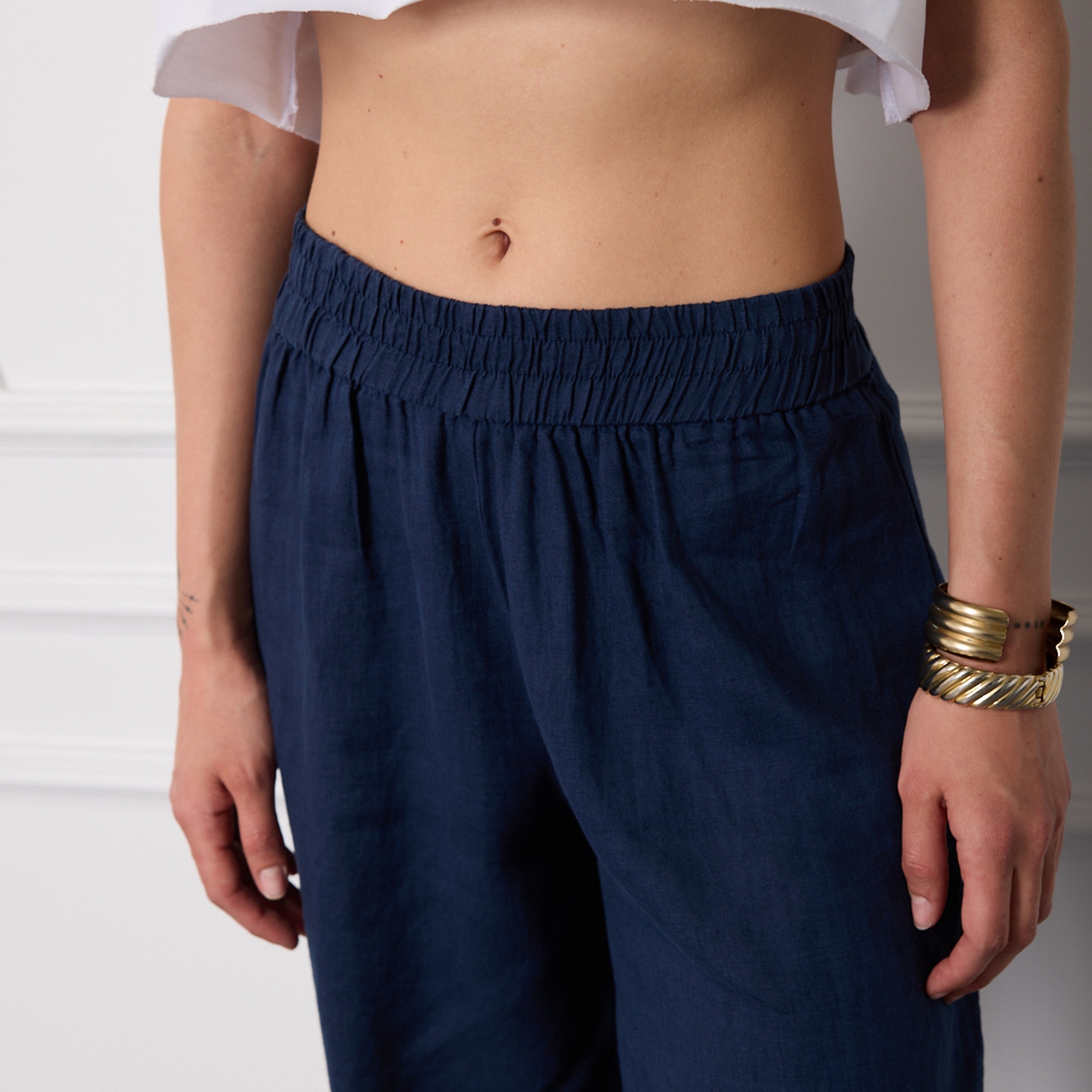 %100 Keten Beli Lastikli Pantolon