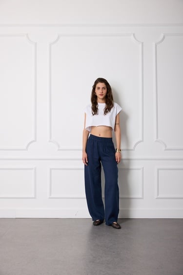  %100 Keten Beli Lastikli Pantolon