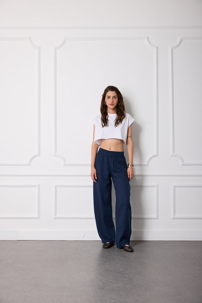  %100 Keten Beli Lastikli Pantolon