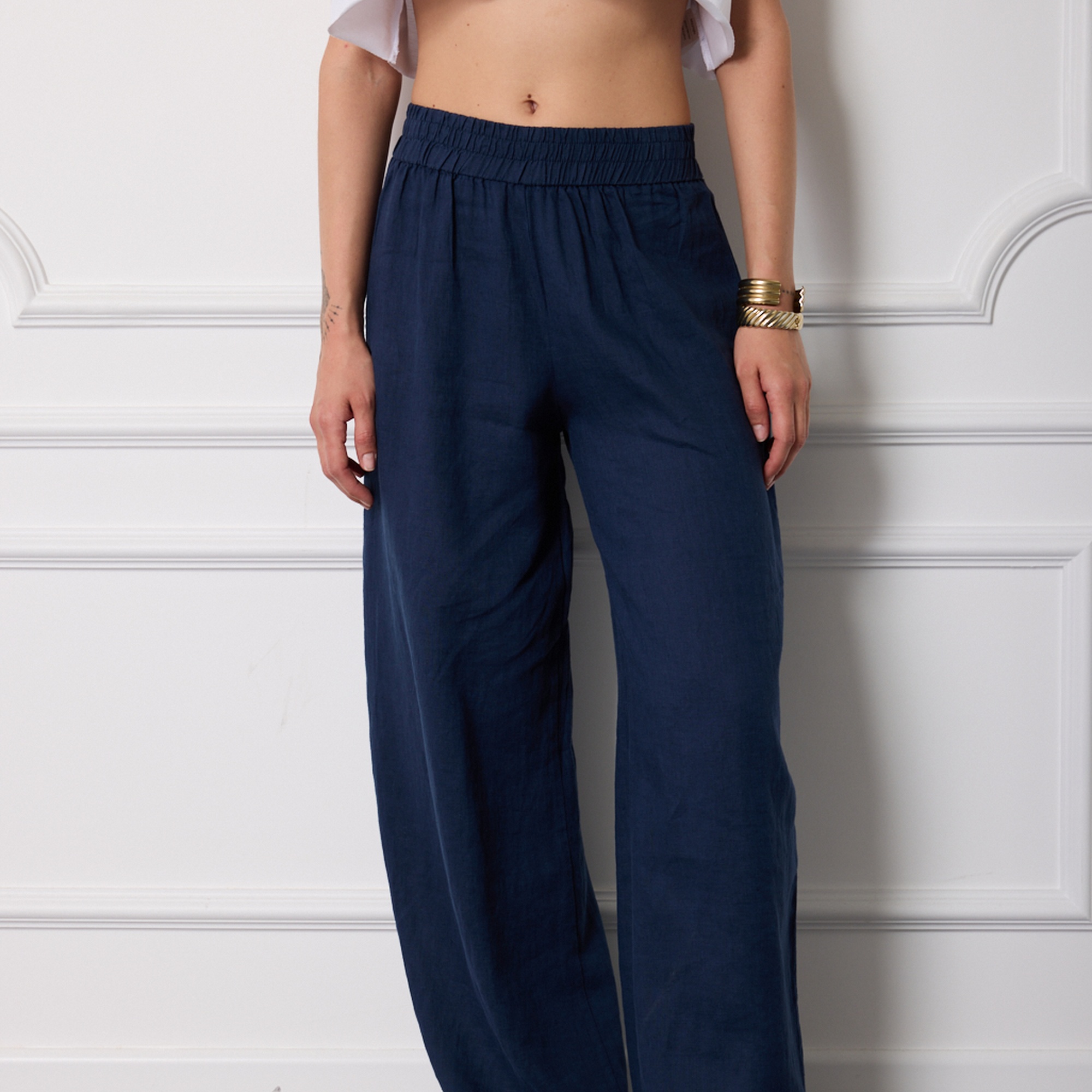 %100 Keten Beli Lastikli Pantolon