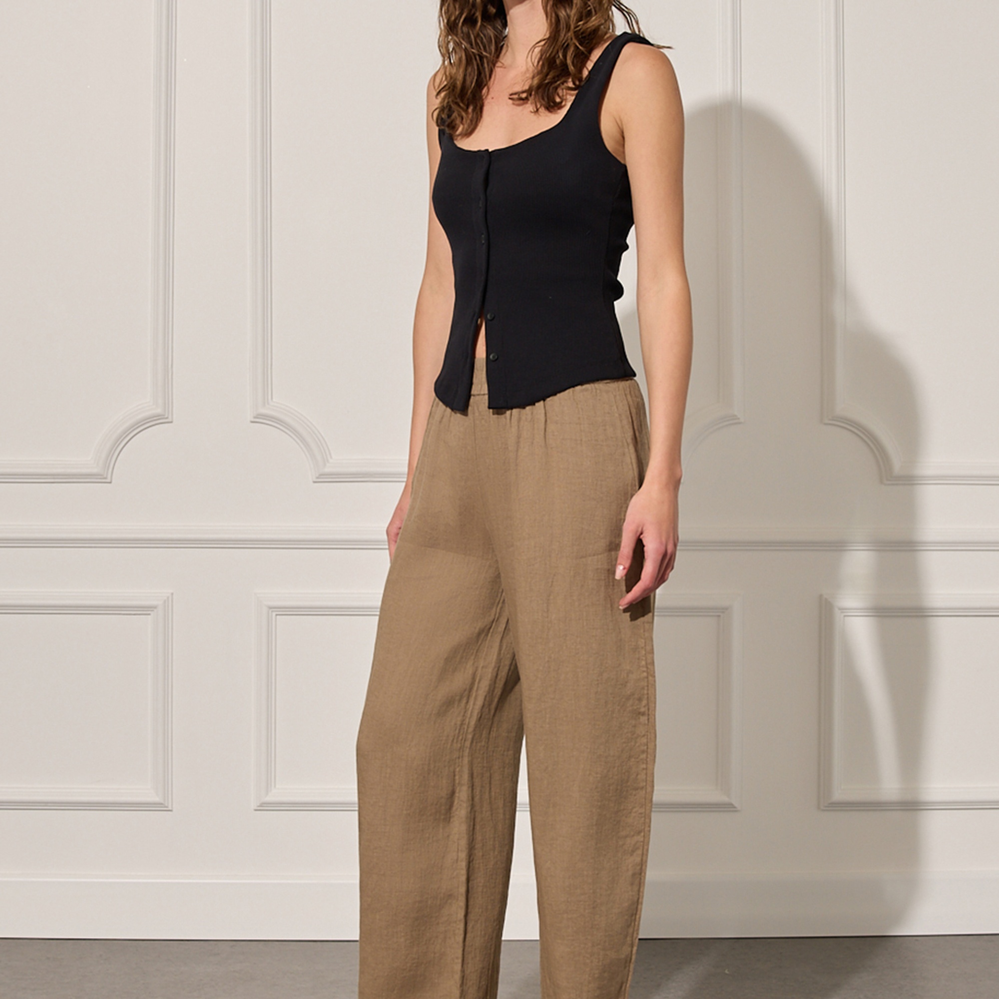 %100 Keten Beli Lastikli Pantolon