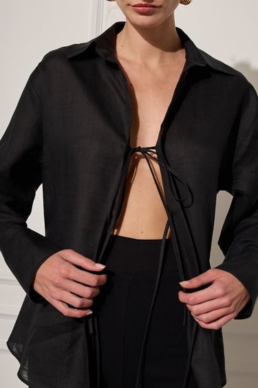  %100 Keten Bağlama Detaylı Gömlek