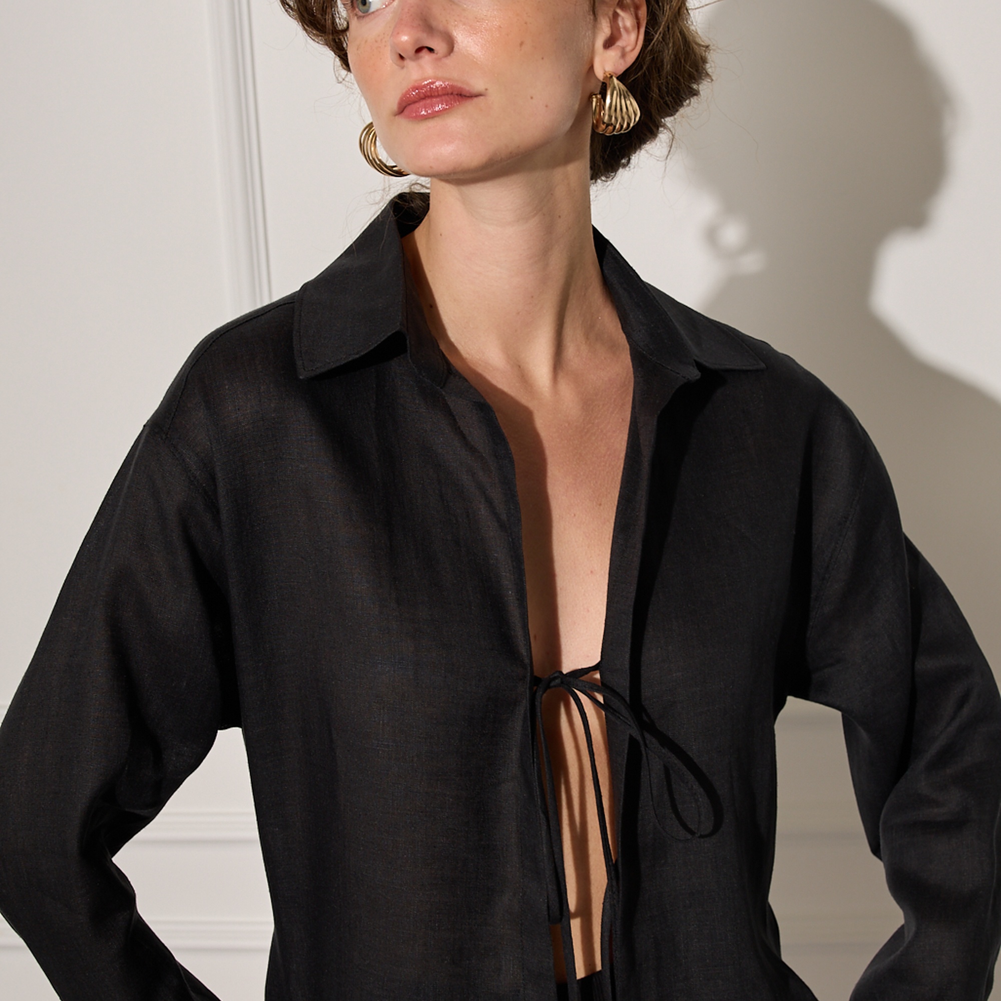 %100 Keten Bağlama Detaylı Gömlek