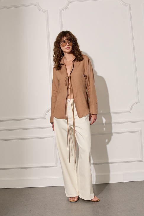  %100 Keten Bağlama Detaylı Gömlek